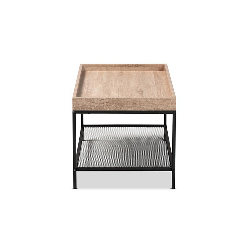Overton Modern Industrial Oak Brown Finished Wood and Black Metal Coffee Table