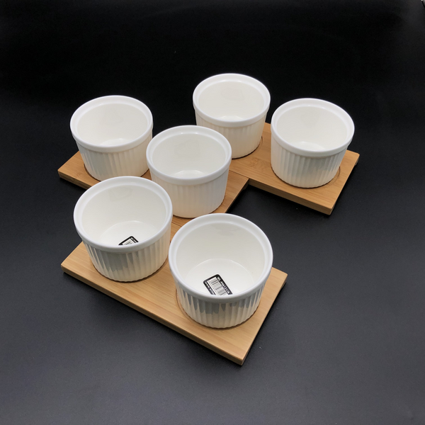 WILMAX Bamboo Double Trays (Set of 3) w/ 6 Fine Porcelain Ramekins