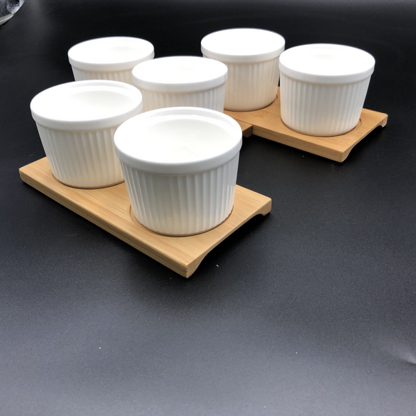 WILMAX Bamboo Double Trays (Set of 3) w/ 6 Fine Porcelain Ramekins