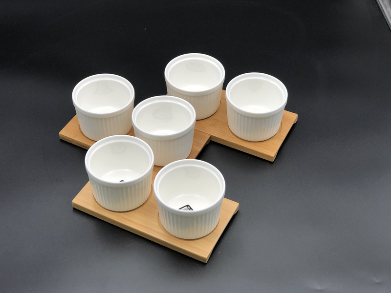 WILMAX Bamboo Double Trays (Set of 3) w/ 6 Fine Porcelain Ramekins