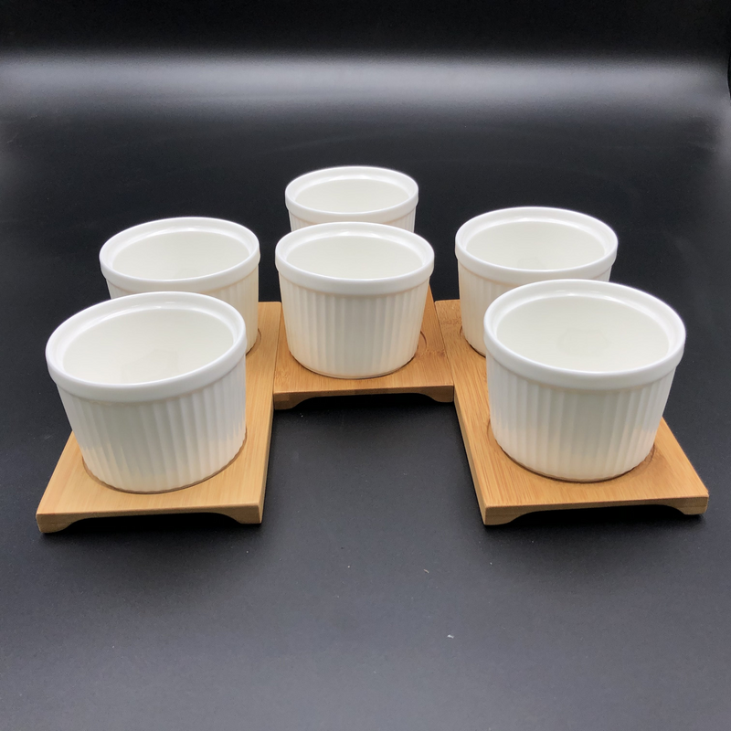 WILMAX Bamboo Double Trays (Set of 3) w/ 6 Fine Porcelain Ramekins