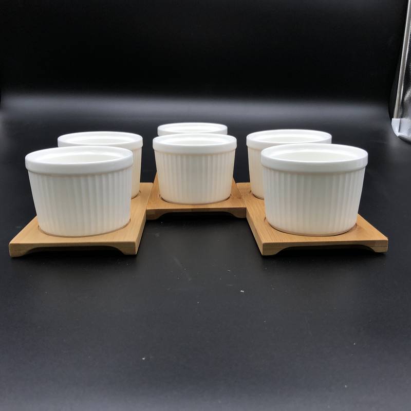 WILMAX Bamboo Double Trays (Set of 3) w/ 6 Fine Porcelain Ramekins