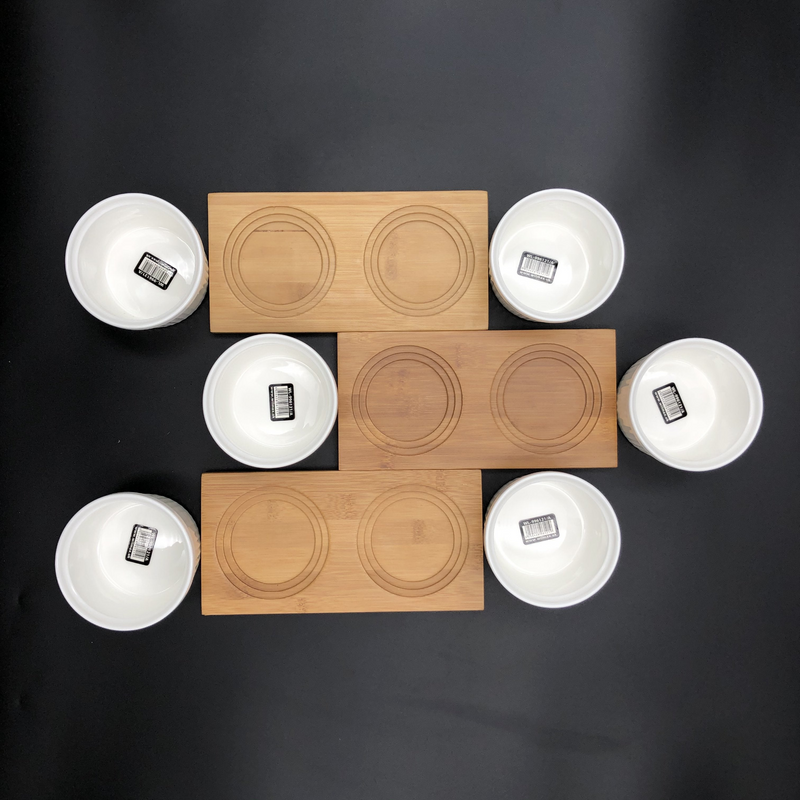 WILMAX Bamboo Double Trays (Set of 3) w/ 6 Fine Porcelain Ramekins
