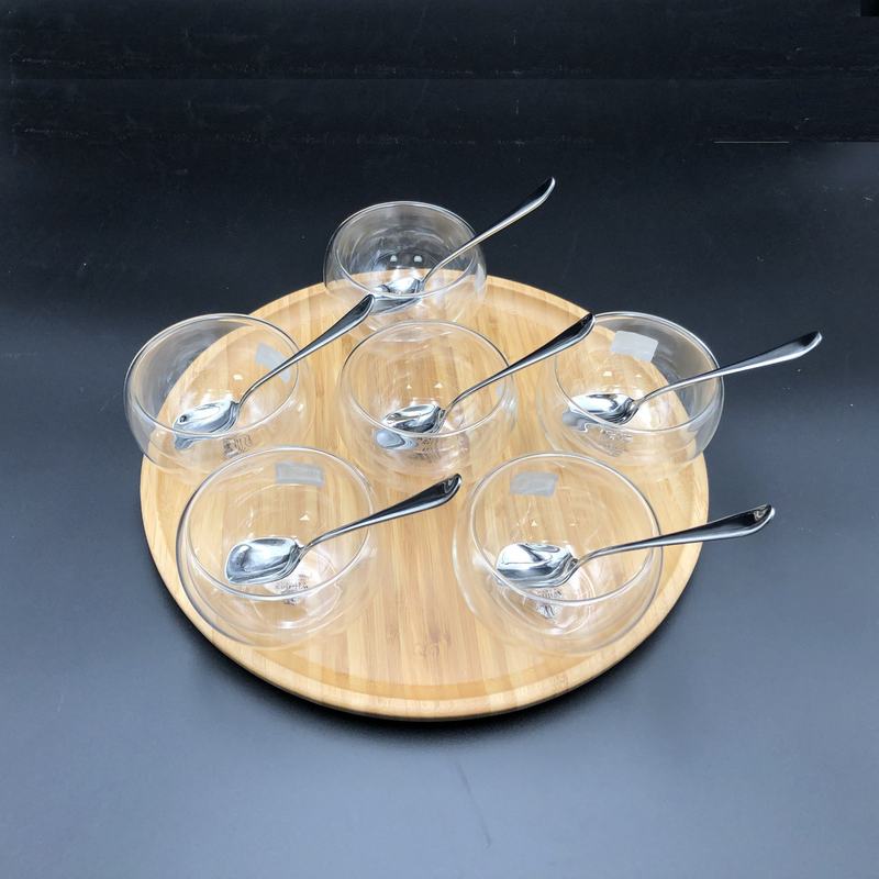 WILMAX Ice-Cream Presentation Set | 6 Large Thermo Bowls | Spoons | Round Bamboo Platter