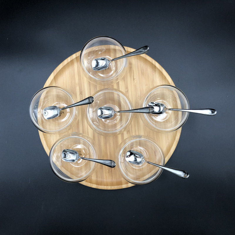 WILMAX Ice-Cream Presentation Set | 6 Large Thermo Bowls | Spoons | Round Bamboo Platter