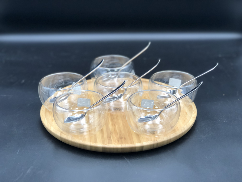 WILMAX Ice-Cream Presentation Set | 6 Large Thermo Bowls | Spoons | Round Bamboo Platter
