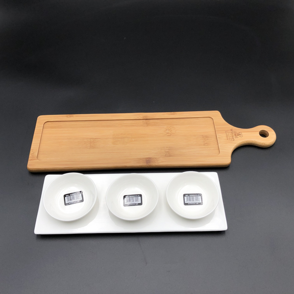 WILMAX Mignardises (Petit Four) Serving Set with Bamboo Long Tray and Porcelain Dishes