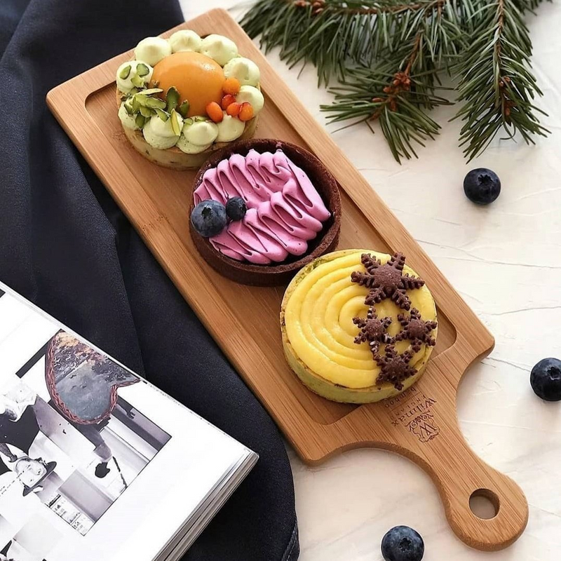 WILMAX Mignardises (Petit Four) Serving Set with Bamboo Long Tray and Porcelain Dishes