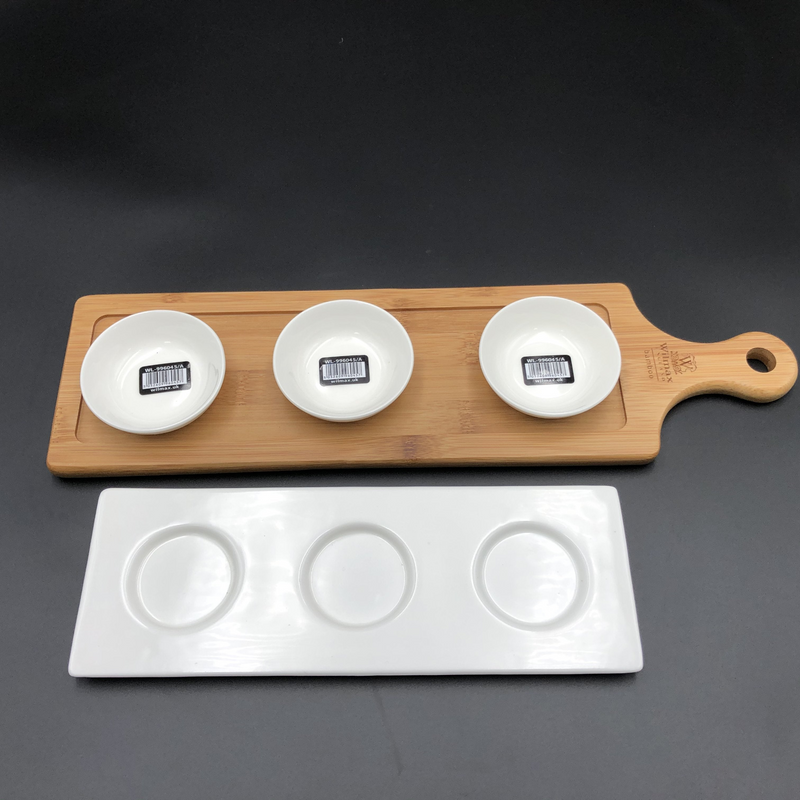 WILMAX Mignardises (Petit Four) Serving Set with Bamboo Long Tray and Porcelain Dishes