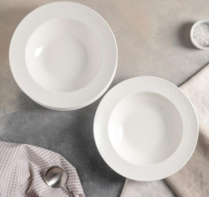 White Porcelain Deep Plate With Embossed Wide Rim 9" | For soup, pasta, salad