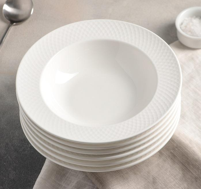 White Porcelain Deep Plate With Embossed Wide Rim 9" | For soup, pasta, salad