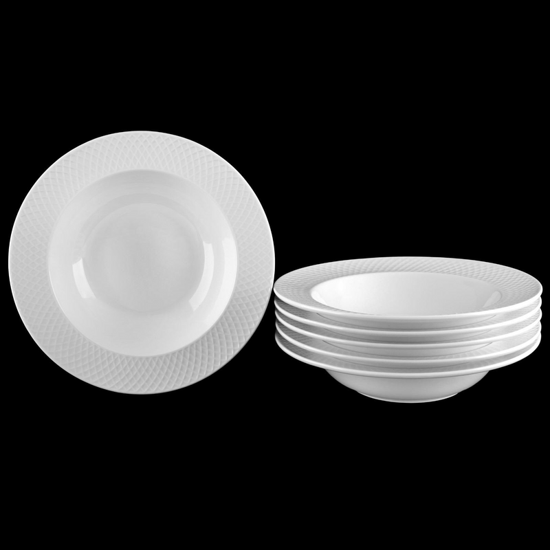 White Porcelain Deep Plate With Embossed Wide Rim 9" | For soup, pasta, salad
