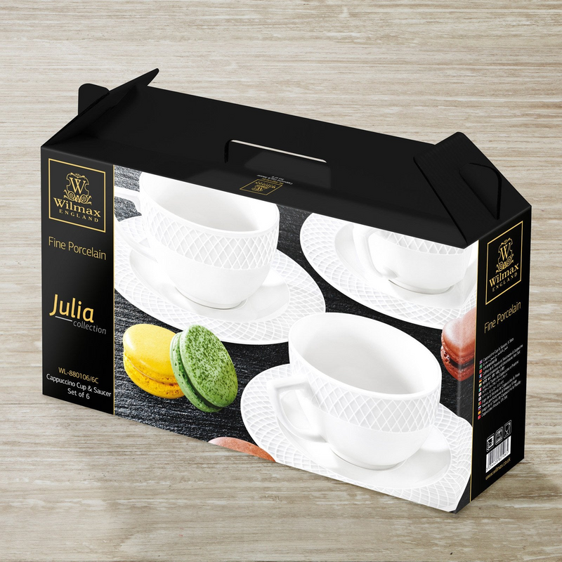 White 6 Oz Cappuccino Cup & 5.5" Saucer Set Of 6 In Gift Box
