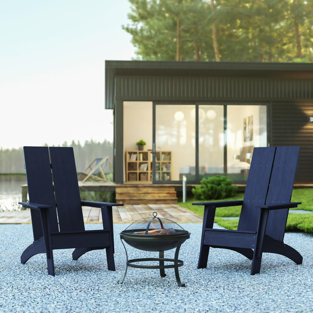 Finn Modern Navy All-Weather 2-Slat Poly Resin Rocking Adirondack Chairs with 22" Round Wood Burning Fire Pit