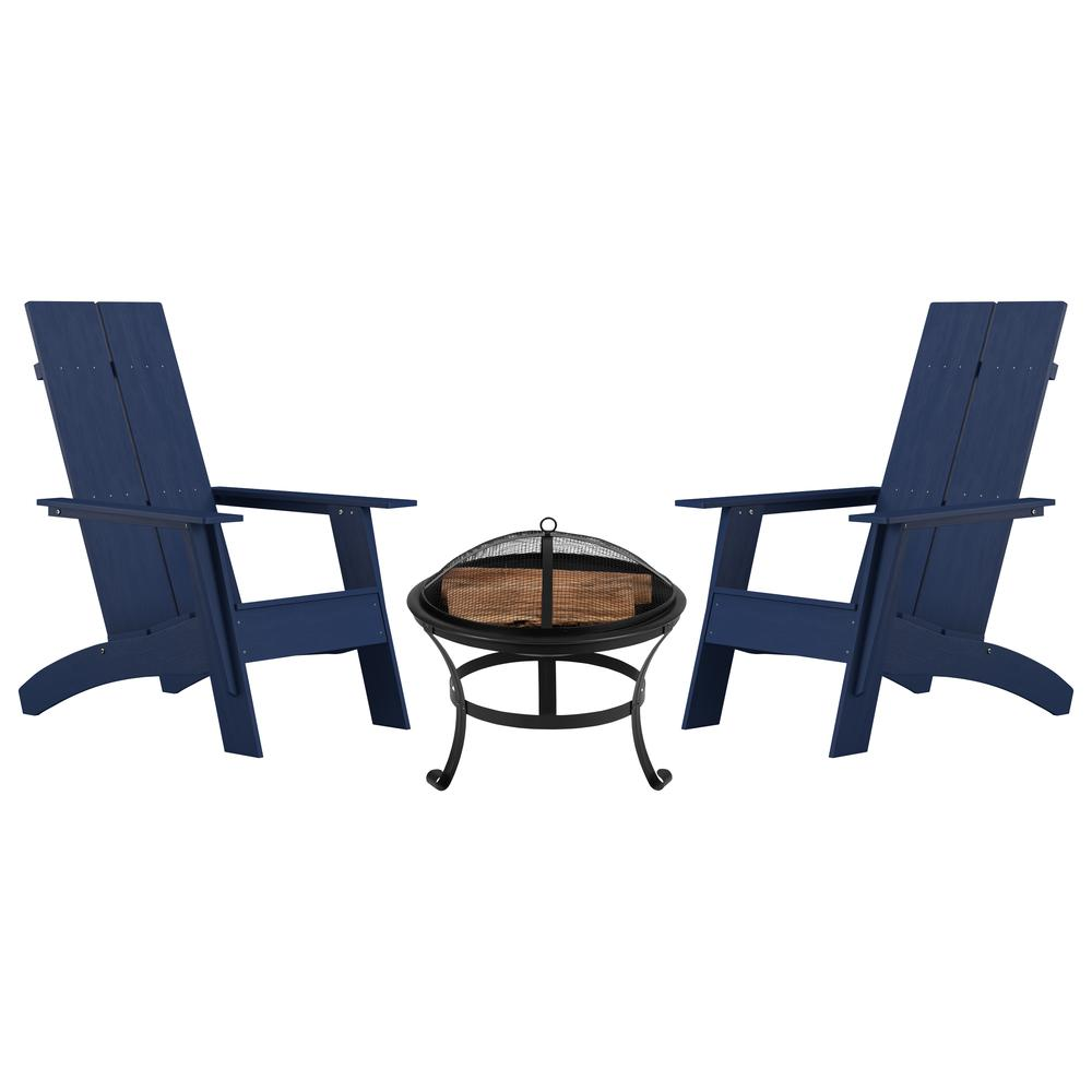Finn Modern Navy All-Weather 2-Slat Poly Resin Rocking Adirondack Chairs with 22" Round Wood Burning Fire Pit