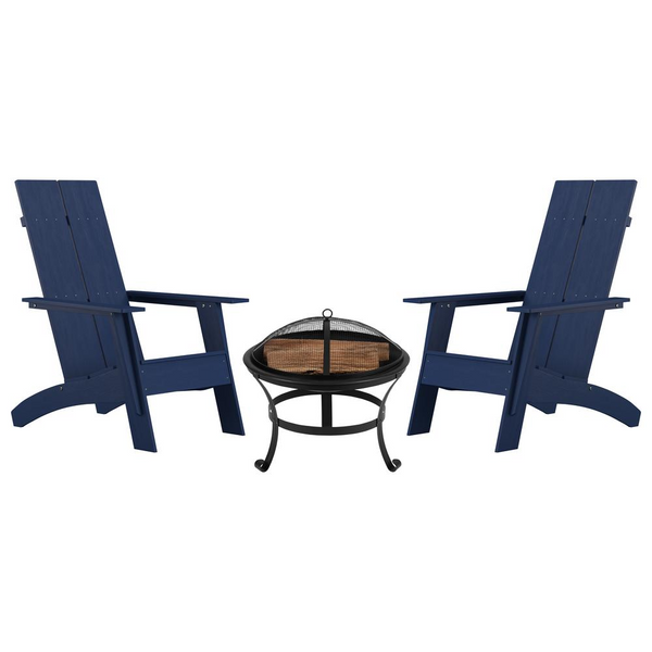 Finn Modern Navy All-Weather 2-Slat Poly Resin Rocking Adirondack Chairs with 22" Round Wood Burning Fire Pit
