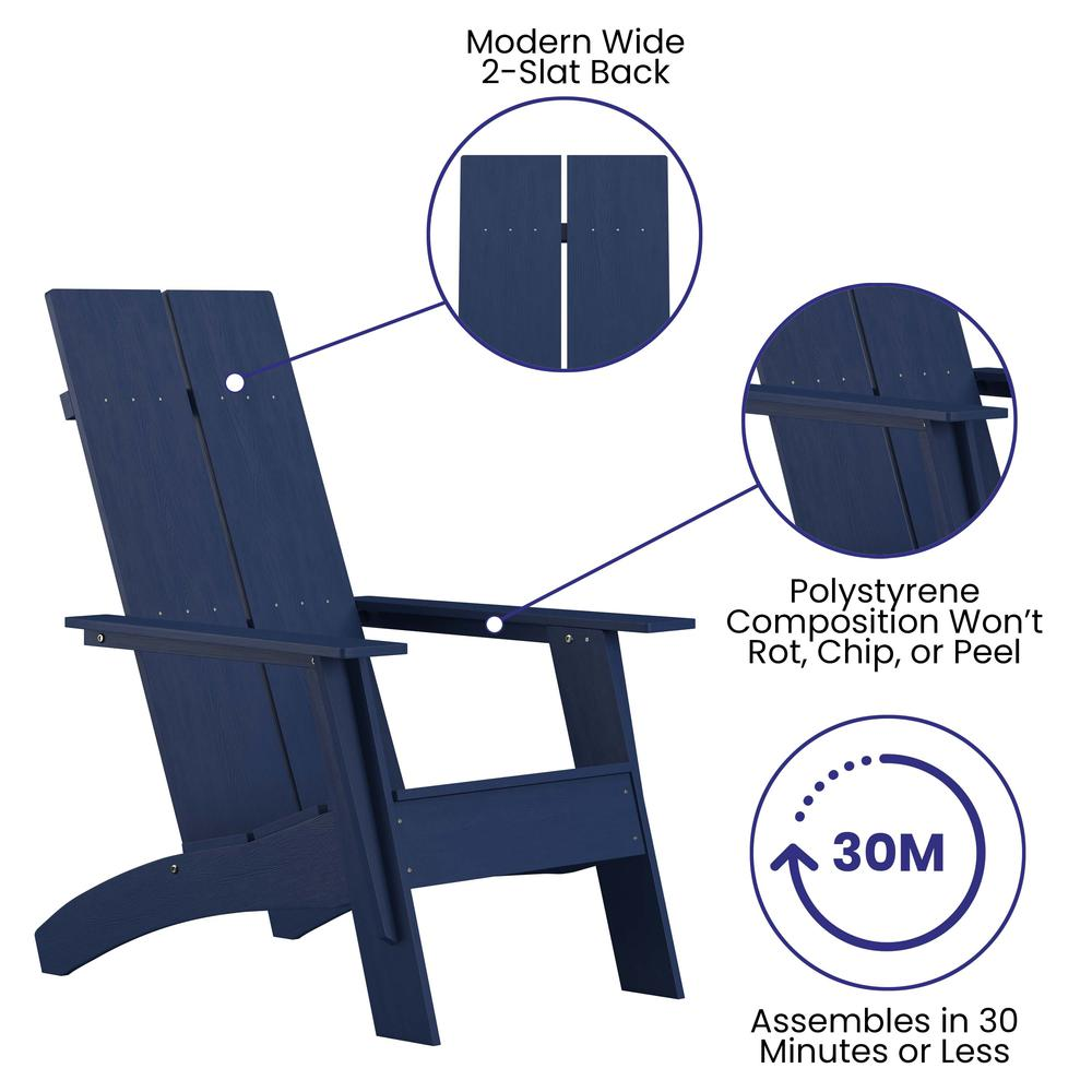 Finn Modern Navy All-Weather 2-Slat Poly Resin Rocking Adirondack Chairs with 22" Round Wood Burning Fire Pit