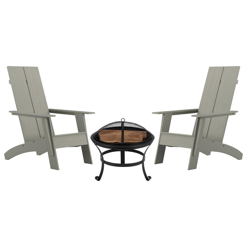 Finn Set of 2 Gray Modern All-Weather 2-Slat Poly Resin Rocking Adirondack Chairs with 22" Round Wood Burning Fire Pit
