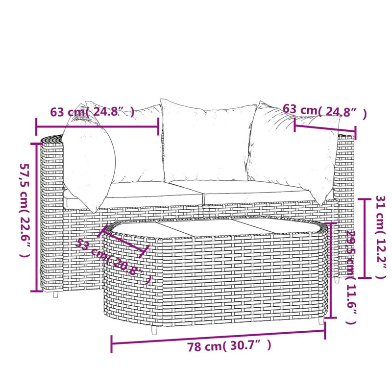 vidaXL 3 Piece Patio Lounge Set with Cushions Black Poly Rattan-10
